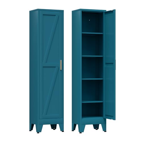 COFaR 67'' Tall Slim Bathroom Storage Cabinet, Metal Narrow Pantry Cabinet with 4 Adjustable Shelves and One Door, Skinny Cabinet Storage for Kitchen Laundry, Peacock Blue Farmhouse 5 Tiers - color: Peacock Blue, size: 67 Tall 1 Door