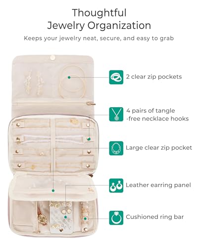 Marscamd Travel Jewelry Organizer Case, Foldable Jewelry Bag, Pink | with Multi Pockets for Earrings, Rings, Necklaces, Bracelets, Brooches - color: Pink