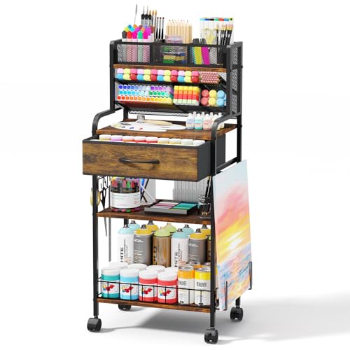 Homsorout Art cart, 3 Tier Rolling Cart - Utility Cart with Storage Drawer and Wheels, Versatile Art & Craft Organizer for Home, Office, or Studio Ideal for Storing Brushes, Paints （Brown） - color: Brown