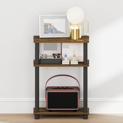 Furinno Turn-N-Tube Narrow Night Stand, 3-Tier Rectangular Nightstand with Storage Shelf, Slim Toolless Bedside Table, End Table, Side Table, for Bedroom, Closet, Dorm, Amber Pine - color: Amber Pine/Black