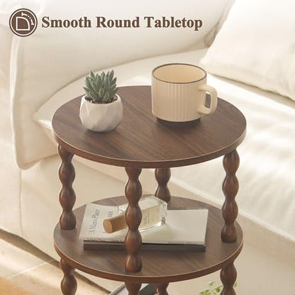 AWASEN Small Round End Table, Round Side Table with 3-Tier Open Shelf for Small Spaces, Wood Accent Table Nightstand for Bedroom, Living Room, Office, Walnut Brown - color: Walnut Brown