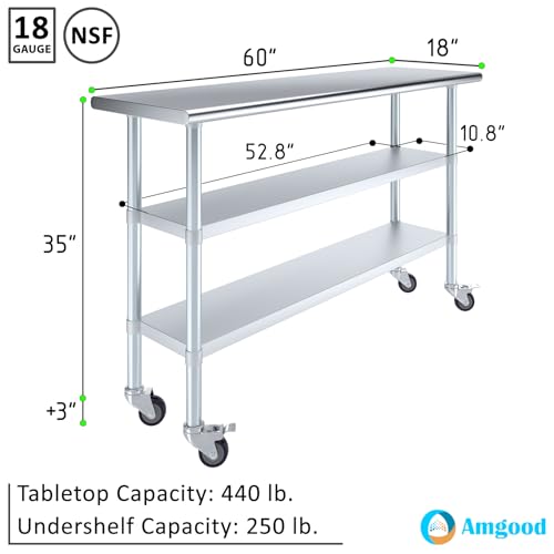 AmGood Stainless Steel Work Table with 2 Shelves and Casters | Metal Utility Table On Wheels (Stainless Steel Work Table with 2 Shelves + Casters, 60" Long x 18" Deep) - size: 60" Long x 18" Deep