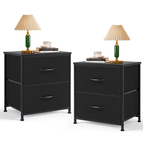 Nightstand Set of 2 Upgraded Small 2 Drawer Dresser End Table | Bedside Furniture, Wooden Top Fabric Bins for Bedroom, Closet, Entryway, Dorm, 11.8" D x 18" W x 20", Black - color: Black