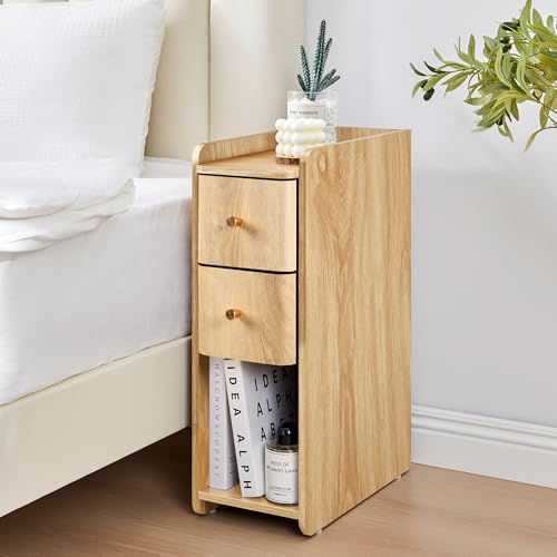 Narrow End Table Bedroom, Wooden Small 2 Drawer Nightstand, Thin Couch Side End Table, Skinny Bedside Table Small Spaces, Mid Century Modern Night Stand with Drawers (Natural-1 pc) - color: Natural-1 Pc