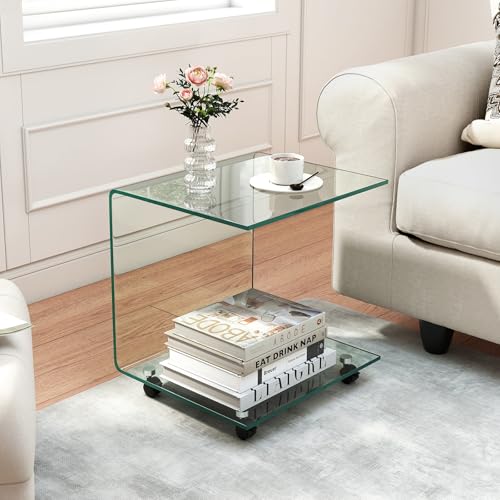 Tangkula Tempered Glass Side Table, Modern C-Shaped Bedside Table Nightstand with Storage Shelf, 4 Lockable Universal Wheels, Rolling Sofa End Table for Living Room Bedroom Office (1, Transparent) - color: Transparent