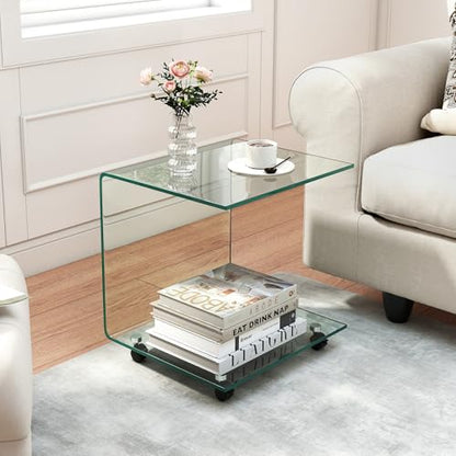 Tangkula Tempered Glass Side Table, Modern C-Shaped Bedside Table Nightstand with Storage Shelf, 4 Lockable Universal Wheels, Rolling Sofa End Table for Living Room Bedroom Office (1, Transparent) - color: Transparent