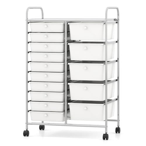 BECOMFORT 15-Drawer Rolling Utility Cart, Storage Cart on Wheels, Teacher Classroom Organizers with Metal Frame & Lockable Wheels, Mobile Trolley Craft Cart for Art Paper Tools School Office Play Room - color: White, size: 15 Drawers