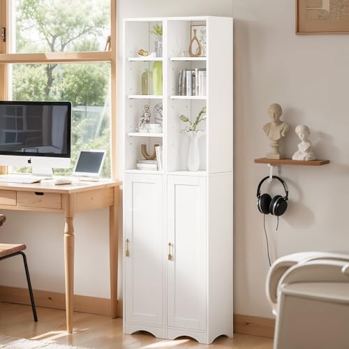 VECELO 71” Freestanding Storage Cabinet with 6 Removable Shelves, Bottom Closed Compartment, Elevated Dust-Resistant Base, Adjustable Organizer for Home-Peal White - color: Peal White
