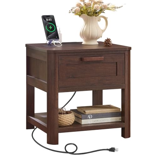 Joaxswe Farmhouse Side Tables Living Room, Small Nightstand with 1 Drawers & Open Shelving & 4 Thickened Table Legs, Walnut - color: Walnut, size: Single