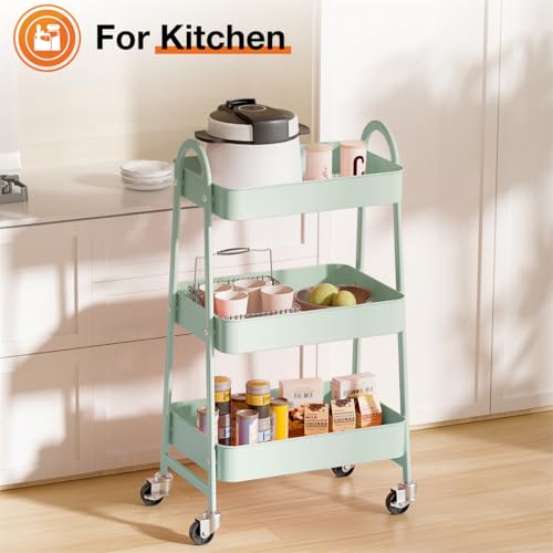 3-Tier Metal Rolling Utility Cart, Small Rolling Cart Kitchen Trolley Bathroom Laundry Room Bar Office Shelves Storage Organizer Shelving Unit with Caster Wheels for Narrow Places, Green - color: Green