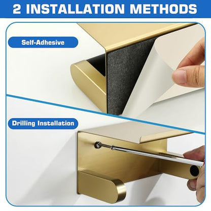Alise Toilet Paper Holder Adhesive Toilet Paper Roll Holder SUS304 Stainless Steel Toilet Paper Holder with Shelf Spring Loaded Tissue Holder Wall Mount(Adhesive or Screw),Gold and Black Finish - color: Gold and Black, size: with Shelf