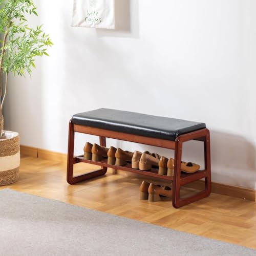SOBIBO Solid Wood Shoe Bench, 2-Tier Wooden Entryway Bench, Modern Shoe Rack with Cushion for Hallway, Living Room (Black, 31.5'') - color: Black, size: 31.5 inches