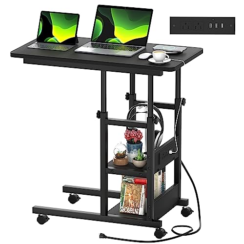 Mobile C Shaped End Table with Charging Station for Couch Bed | Height Adjust 25.2-31.8", 2 AC/3 USB, 4 Rolling Lockable Wheels, 2-tier Shelves, Slide Under Sofa, Safe Corner - color: Black