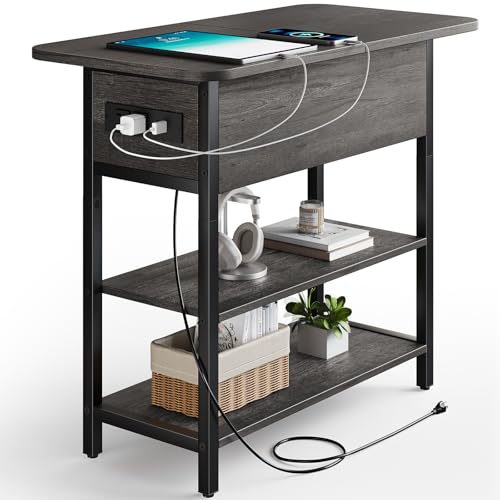 Yoobure End Table with Charging Station, Flip Top Side Table with USB Ports and Outlets, Sofa Couch Table Bedside Table for Living Room Bedroom, Narrow Nightstand with Storage Shelves for Small Space - color: Charcoal Gray
