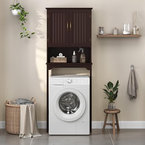 Yaheetech Over The Toilet Storage with 2 Doors & Adjustable Shelf, Free Standing Toilet Rack Wooden Space-saving Collect Cabinet, Bathroom Furniture, 9Dx24.5Wx66H Inches, Espresso - color: Espresso