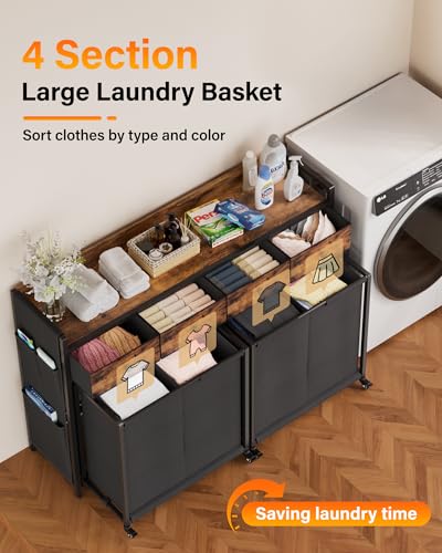 4 Section Rolling Laundry Sorter, Fabric Drawers & Pull-Out Car | Durable, Strudy, Shelf Laundry Hamper, Brake Two Wheels, Bottom Added Panel, Easy to Move, Laundry Room - size: 4 Section with Drawers (206L)