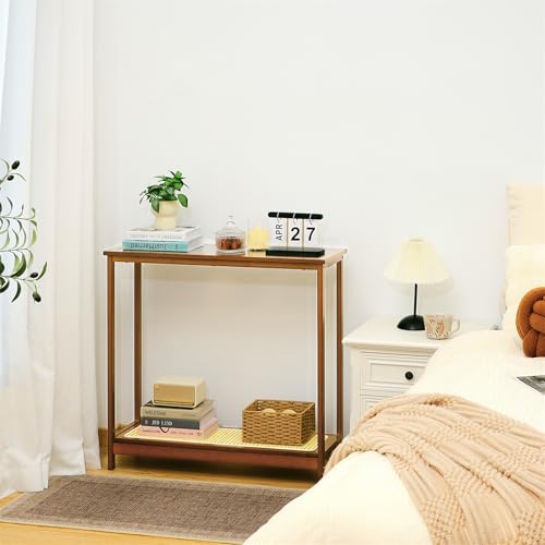 Bamboo Narrow Console Table, 31.5"(L) Wood Small Entryway Table with Rattan and Glass, Accent Slim Hallway Tables, Thin Sofa Side Tables for Hallway, Living Room, Bedroom, Foyer, Walnut - color: Walnut 31.5"(l)