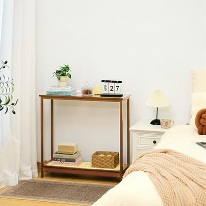 Bamboo Narrow Console Table, 31.5"(L) Wood Small Entryway Table with Rattan and Glass, Accent Slim Hallway Tables, Thin Sofa Side Tables for Hallway, Living Room, Bedroom, Foyer, Walnut - color: Walnut 31.5"(l)