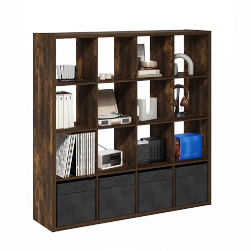 Furinno Cubicle 16-Cube Book Shelf, Extra Thick Frame Bookshelf, Amber Pine | 14.6" x 58" x 58", Reversible Bookcase with Open Back, for Living Room, Bedroom, Home Office - color: Amber Pine, size: 16-Cube,1.2In
