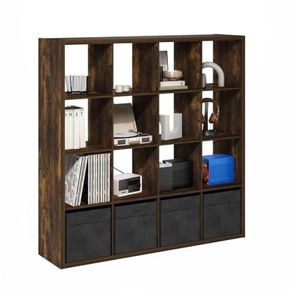 Furinno Cubicle 16-Cube Book Shelf, Extra Thick Frame Bookshelf, Amber Pine | 14.6" x 58" x 58", Reversible Bookcase with Open Back, for Living Room, Bedroom, Home Office - color: Amber Pine, size: 16-Cube,1.2In