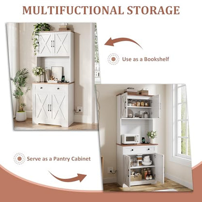 GarveeLife 71" Pantry Cabinet with Charging Station, Tall Kitchen Pantry Storage Cabinet with Microwave Stand, Large Farmhouse Kitchen Hutch with Cabinet Doors & Drawer for Living Room, Dining Room - color: White