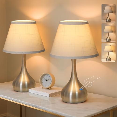 Touch Table Lamp for Bedroom Set of 2, 3-Way Dimmable Bedside Lamp for Nightstand, 17” Modern Metal Desk Lamp with Linen Shade for Living Room, Kids Reading, Dorm, Home Office Decor, Bulb Included - color: Nickel, size: 2 PACK