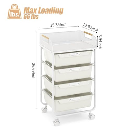 SYKIARIOL 4-Drawer Rolling Storage Cart with Mesh Top, Utility Craft Organizer Cart on Wheels with DIY Labels, Rolling Drawer Cart for Home Office Classroom Bedroom, White - color: White
