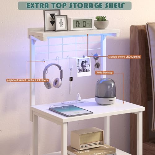 sthmec Tall Nightstands with Charging Station, LED Night Stand Bedsides with 2 PU Finish Fabric Drawers,Hooks,USB Port and Oepn Storage Shelves,Tall End Table Bedside for Bedroom,Office, White - color: White, style: 2 Drawers