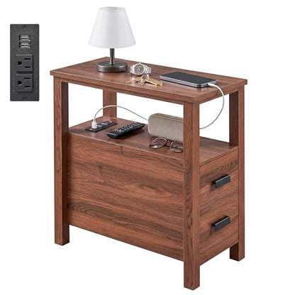 Narrow Nightstand with Charging Station, 24.4" H Slim Side Table with 2 Drawers, Bedside Table for Small Spaces, Modern End Table with Low Profile Legs (Walnut) - color: Walnut