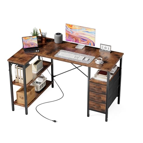 DUMOS L Shaped Desk with Drawers, Gaming Desk, 47 Inch | Power Outlet, Study Table, Adjustable Shelves, Home Office, Corner Computer Workstation, Bedroom, Brown - color: Brown, size: 47.2 Inch