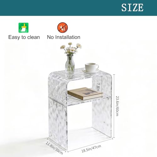 Acrylic 2-Tier End Table – 23.6”H Modern Nightstand with Shelf, Sturdy Bedside Storage for Bedroom, Living Room, Home Office, No Assembly Required (Water Ripple) - size: 18.5"L x 11.8"W x 23.6"H