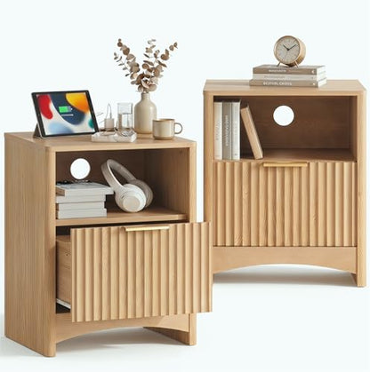Marsail Fluted Nightstand Set of 2, Wooden Nightstands with Drawers, Modern Bedside Table with Charging Station and Storage, End Table with Storage Side Table for Bedroom, Oak - color: Oak