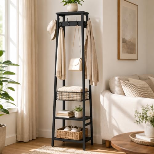 Coat Rack Freestanding, Coat Stand with Metal Basket and Storage Shelves, Hall Tree Free Standing with and 7 Hooks, Clothes Rack Stand Organizer, Black - color: Black, style: 2 Shelves + 1 Basket