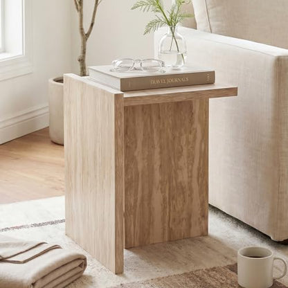 Modern End Table with Faux Travertine Finish Top, Natural Beige Wood Side Table, Space-Saving Sofa Table, Small Accent Nightstand Table for Living Room, Bedroom, Small Apartment Space - color: Beige