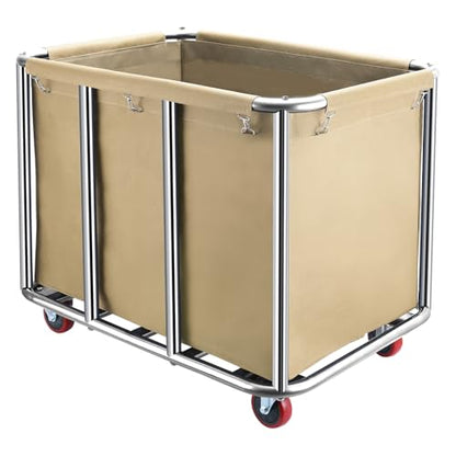 Commercial Laundry Cart with Wheels,400L Large Industrial Laundry Cart,Rolling Laundry Cart with Sturdy Stainless Steel Frame and Oxford Bag for Home Hotel Hospital 440 lbs (Beige) - color: Beige