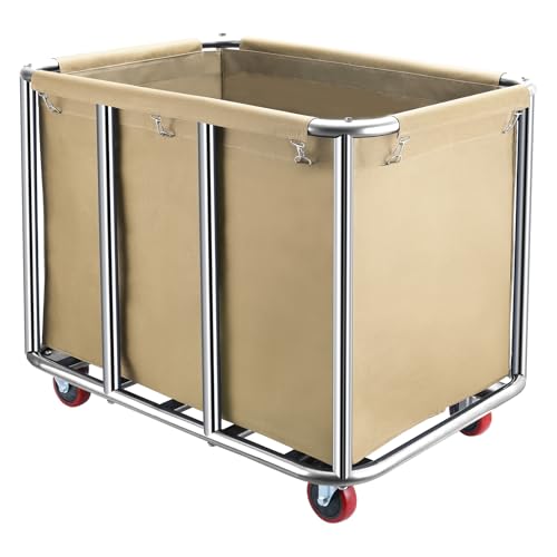Commercial Laundry Cart with Wheels,400L Large Industrial Laundry Cart,Rolling Laundry Cart with Sturdy Stainless Steel Frame and Oxford Bag for Home Hotel Hospital 440 lbs (Beige) - color: Beige