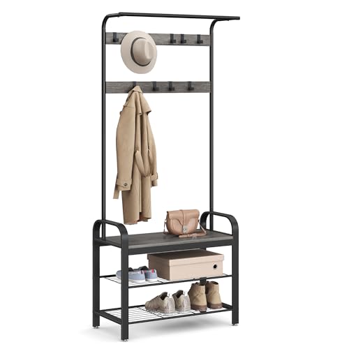 VASAGLE Coat Rack, Hall Tree with Shoe Bench for Entryway, Entryway Bench with Coat Rack, 4-in-1, with 9 Removable Hooks, a Hanging Rod, 13.3 x 28.3 x 72.1 Inches, Charcoal Gray and Black UHSR040B04 - color: Charcoal Gray + Black, size: 28.3"W