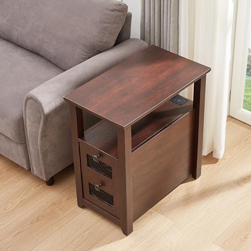 HDDDZSW Farmhouse XXL End Table with Charging Station, Narrow Side Table with USB Ports and Outlets, Nightstand with 2 Drawers Storage, Bedside Tables for Living Room, Bedroom, Rustic Cherry - color: Cherry