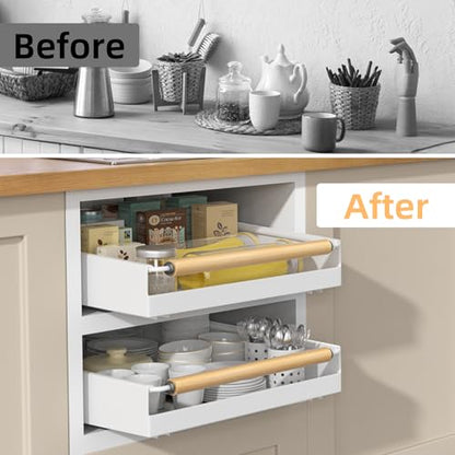 Pull Out Cabinet Organizer, 15.3'' Deep Expandable Slide Out Cabinet Organizer Fixed with Adhesive Nano Film, Slide Out Drawers Pull Out Tray for Cabinet in Kitchen, Pantry, Bathroom, White - color: White