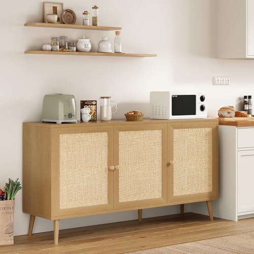 Farini 59.1" Buffet Cabinet with 3 Rattan Doors,Kitchen Sideboard for Dining Room, Hallway & Living Room, Coffee Bar Storage Console Table,Natural - color: Natural, size: 59.1 inch-Doors