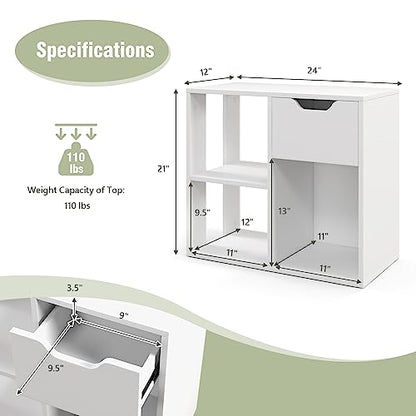 Giantex 3 Cube Bookcase with Drawer, 2 Tier Bookshelf for Small Space, Modern Freestanding Display Rack with Open Shelves, White Book Case, Wood Cube Storage Organizer Bedroom Living Room, 2 Pack - color: White