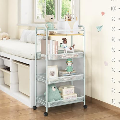 TOOLF 4-Tier Rolling Cart, Metal Utility Cart, Slide Out Storage Cart with Wooden Tabletop and Mesh Baskets for Narrow Space on Kitchen Bathroom Laundry Room Bedroom Apartments Dormitory (Green, Wide) - size: Wide, style: Green