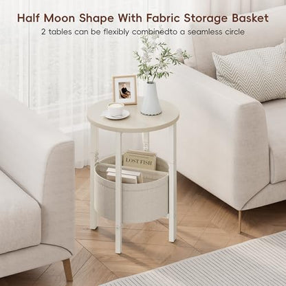 Vagusicc Small Round Side Table End Table, Tall Accent Table with Storage Basket, Set of 2 Half Round Tables Half Moon Tables, Coffee Bedside Tables, Modern Nightstand for Living Room Bedroom, Cream - color: Cream White
