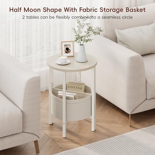 Vagusicc Small Round Side Table End Table, Tall Accent Table with Storage Basket, Set of 2 Half Round Tables Half Moon Tables, Coffee Bedside Tables, Modern Nightstand for Living Room Bedroom, Cream - color: Cream White