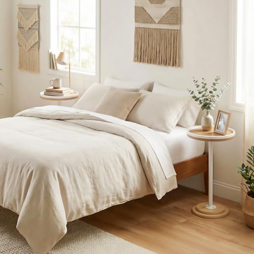 HOOBRO Small Round Side Table, Drink Table, Coffee Martini Table with Pedestal Accent for Small Spaces in Living Room, Bedroom, Sofa Couch, Natural and White WN168BZ01 - color: Natural + White