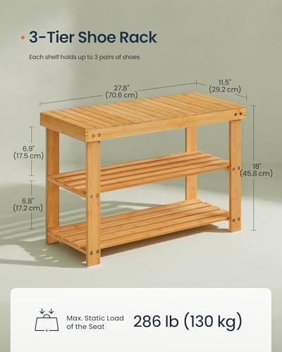 SONGMICS HOME 3-Tier Bamboo Shoe Bench, Shoe Rack, for Entryway Bathroom Bedroom, 11.5 x 27.8 x 18 Inches, Natural - color: Natural