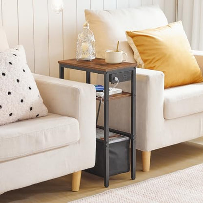 HOOBRO Small Narrow Side Table, Narrow End Table with Charging Station, Extra Slim Nightstand with Storage, Skinny End Table for Small Spaces for Living Room, Rustic Brown and Black BF125UBZ01