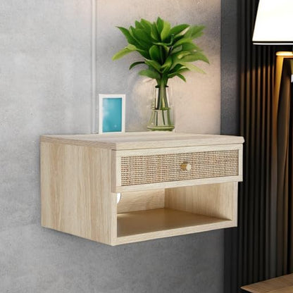 Nathan James Jackson Wall Mounted Rattan Floating Bedroom Nightstand with Storage Drawer and Modern Open Shelf Cubby, Light Oak/Rattan - color: Light Oak/Rattan, size: 1