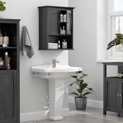 Treocho Wood Wall Cabinet Bathroom Medicine Cabinet Storage with Doors and Adjustable Shelf Wall Mount for Bathroom, Livingroom, Kitchen, Cupboard, Black - color: Black