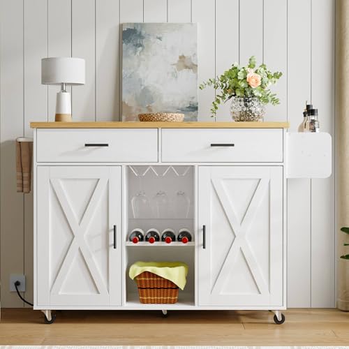 HOOBRO Kitchen Island with Power Outlet, Rolling Kitchen Island on Wheels, Island Table with Storage Cabinet, 2 Drawers, Spice Rack and Towel Rack, White and Natural WN14UZD01